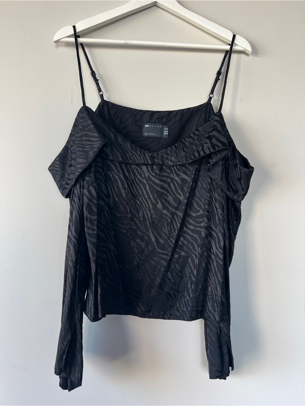 ASOS Curve Black Satin Zebra-Print Off-Shoulder Cami, size 14